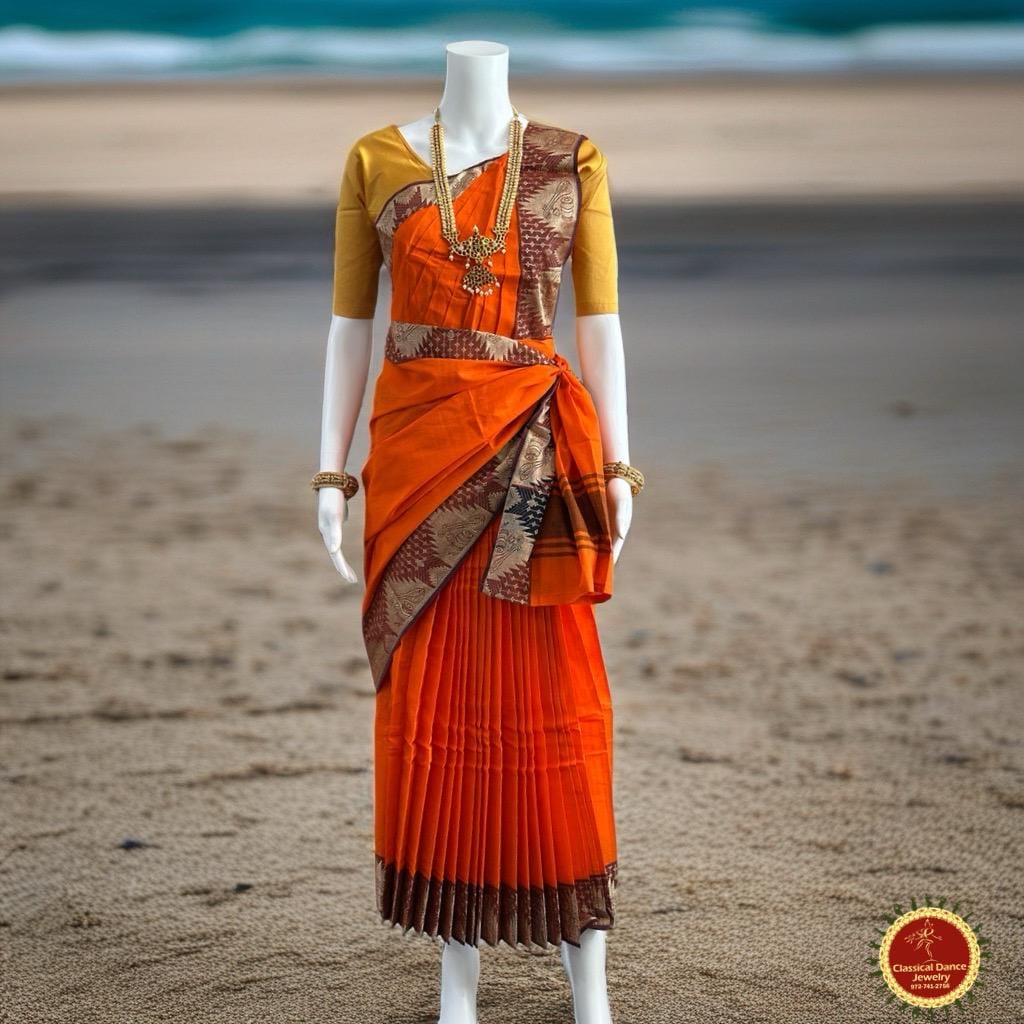 Classical Dance Jewelry DARK ORANGE Pre-stitched Practice Sari YELLOW Blouse | Half Saree Kalakshethra Sari | Bharatnatyam Kuchipudi Folk | Classical Dance Jewelry