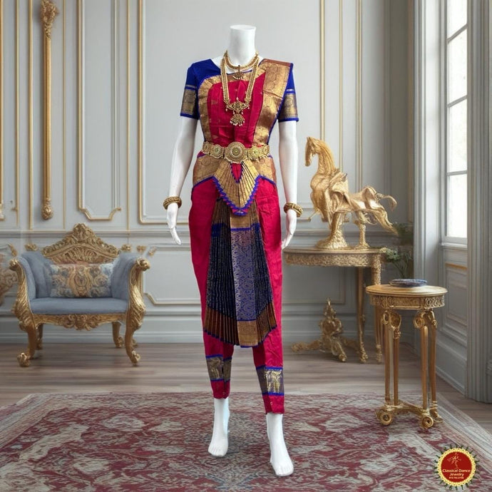 Classical Dance Jewelry DARK PINK Magenta Blue 36 inches Pant Length Bharatanatyam Gold Zari Dance Costume | Art silk Dharmavaram kanchi | Classical Dance Jewelry