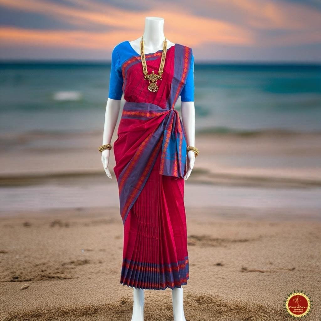 Classical Dance Jewelry DARK PINK Pre-stitched Practice Sari BLUE Blouse | Half Saree Kalakshethra Sari | Bharatnatyam Kuchipudi Folk | Classical Dance Jewelry