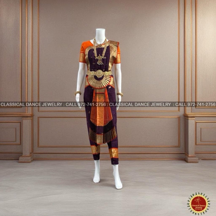 Classical Dance Jewelry DARK PURPLE ORANGE 34 inch Pant Length Bharatanatyam Gold Zari Dance Costume | Art silk, Dharmavaram Kanchi | Classical Dance Jewelry