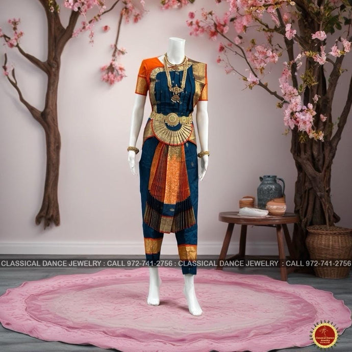 Classical Dance Jewelry Dark RAMA BLUE ORANGE 34 inch Pant Length Bharatanatyam Gold Zari Dance Costume | Art silk, Dharmavaram Kanchi | Classical Dance Jewelry