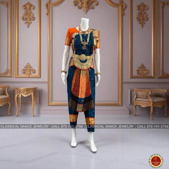 Classical Dance Jewelry Dark RAMA BLUE ORANGE 36 inchs Pant Length Bharatanatyam Gold Zari Dance Costume | Art silk Dharmavaram kanchi | Classical Dance Jewelry