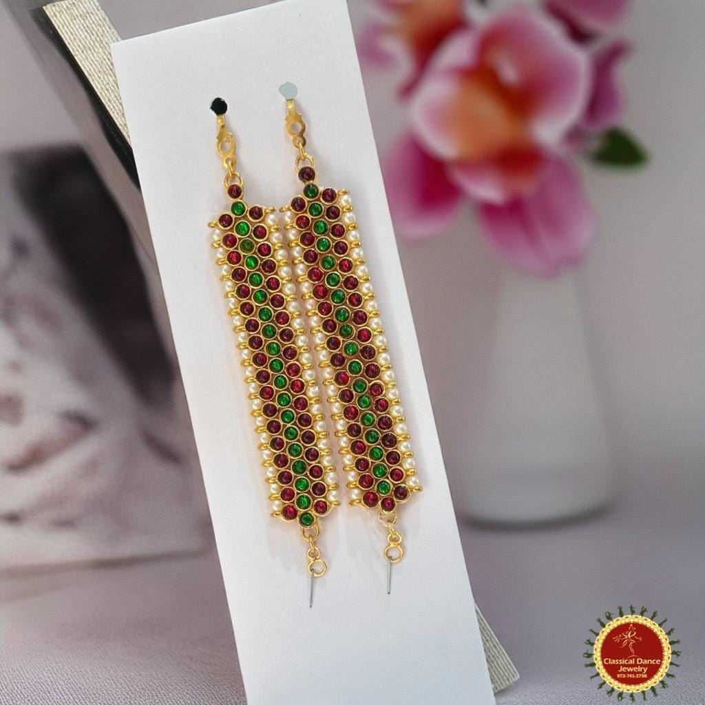 Classical Dance Jewelry EARRINGS | NOSERINGS Middle Green Kemp temple Indian Jewelry Mattilu | Ear Chains | Bharatnatyam, Kuchipudi, Engagement, Weddings | Classical Dance Jewelry
