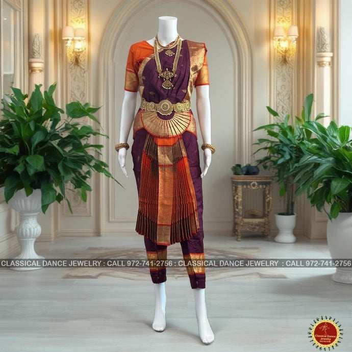 Classical Dance Jewelry EGGPLANT PURPLE ORANGE 38 Inch Pant Length Bharatanatyam Dance Costume | Gold Zari | Art Silk Dharmavaram Kanchi | Classical Dance Jewelry
