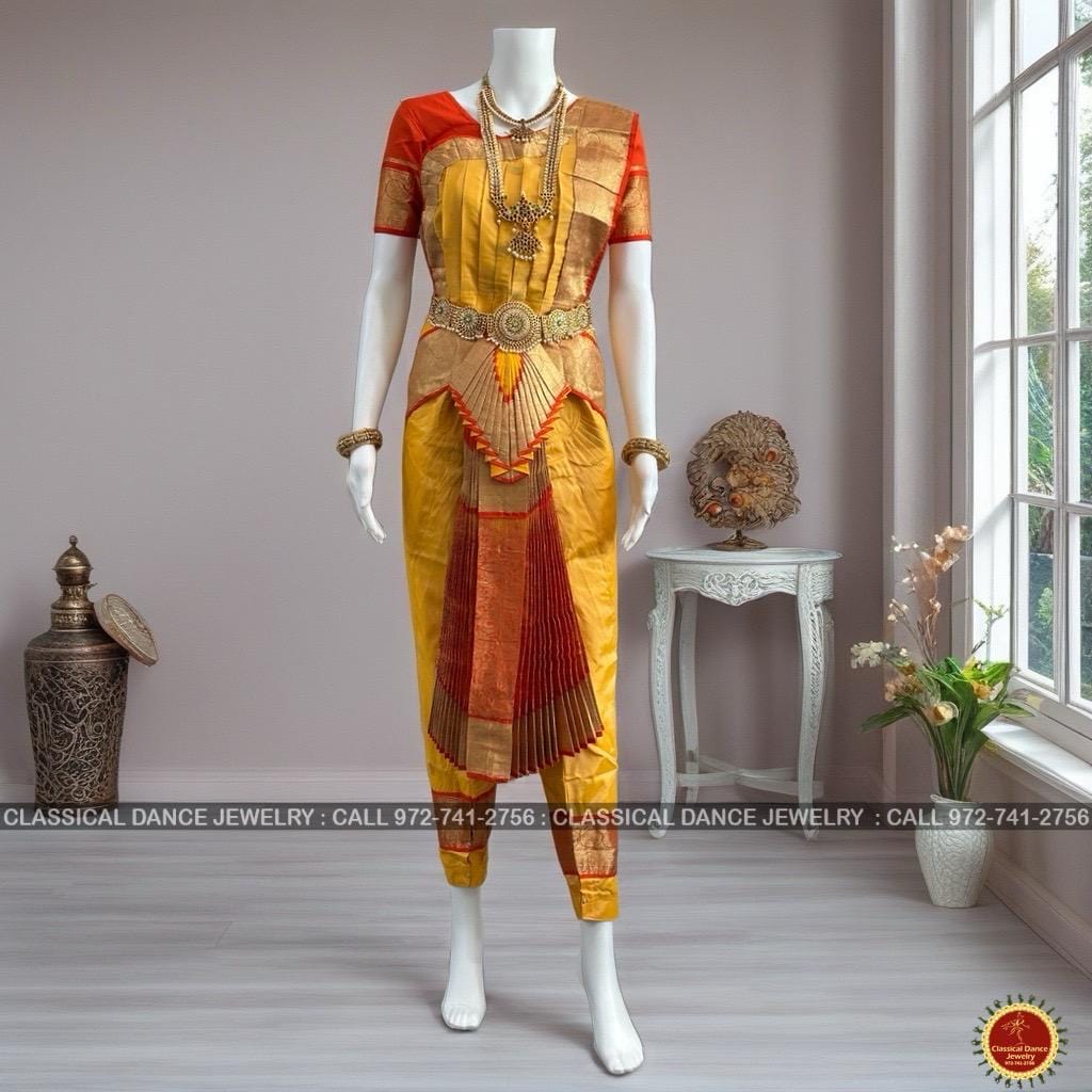 Classical Dance Jewelry GOLDEN Butter YELLOW ORANGE 36 inch Pant Length Bharatanatyam Gold Zari Dance Costume | ArtSilk Dharmavaram Kanchi | Classical Dance Jewelry