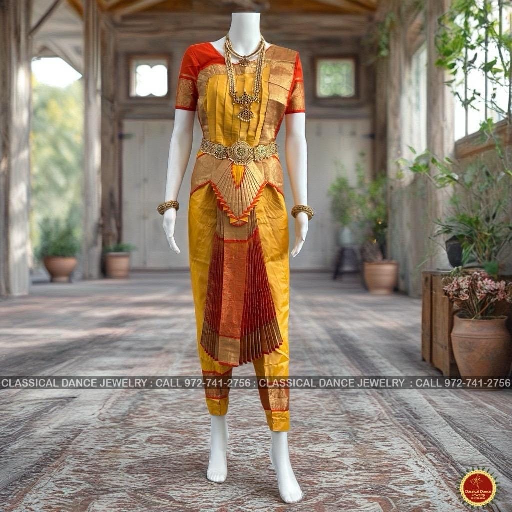 Classical Dance Jewelry GOLDEN Butter YELLOW ORANGE 38 Inch Pant Length Bharatanatyam Dance Costume Gold Zari | ArtSilk Dharmavaram Kanchi | Classical Dance Jewelry