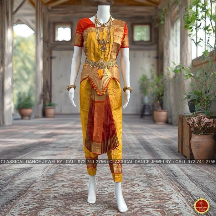Classical Dance Jewelry GOLDEN Butter YELLOW ORANGE 38 Inch Pant Length Bharatanatyam Dance Costume Gold Zari | ArtSilk Dharmavaram Kanchi | Classical Dance Jewelry
