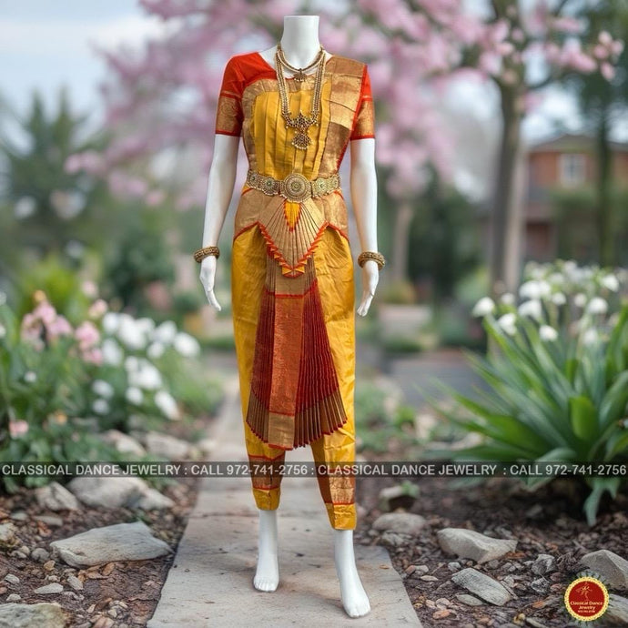 Classical Dance Jewelry GOLDEN Butter YELLOW ORANGE 40 Inch Pant Length Bharatanatyam Dance Costume Gold Zari | Artsilk Dharmavaram Kanchi | Classical Dance Jewelry