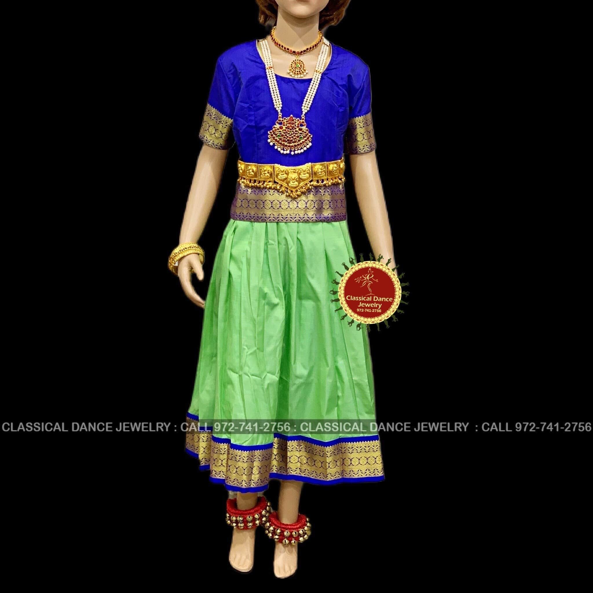 Green Blue Kids Dance Pattu Pavadai Blouse Kuchipudi Bharatanatyam Art Silk, Dharmavaram Kanchi Classical Dance Jewelry