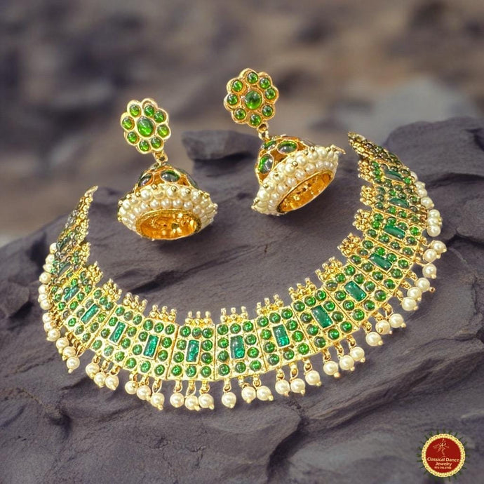 Classical Dance Jewelry GREEN CHOKER POOTHALI Kemp temple Indian jewelry | Short Necklace | Bharatnatyam Kuchipudi Engagement Weddings | Classical Dance Jewelry