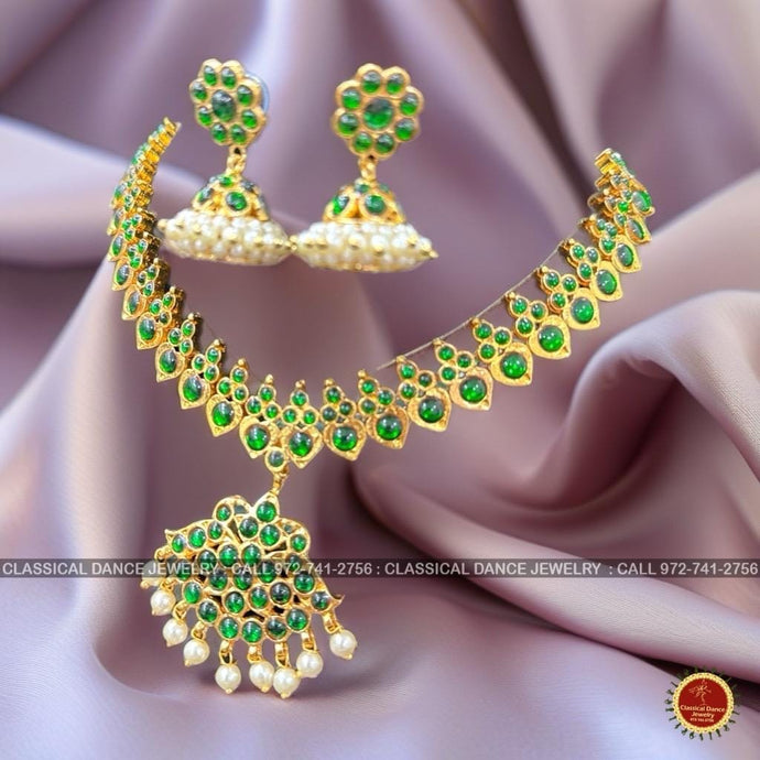Classical Dance Jewelry GREEN DROP SHAPE Kemp temple Indian jewelry | Short Necklace | Bharatnatyam Kuchipudi Engagement Weddings Birthday | Classical Dance Jewelry