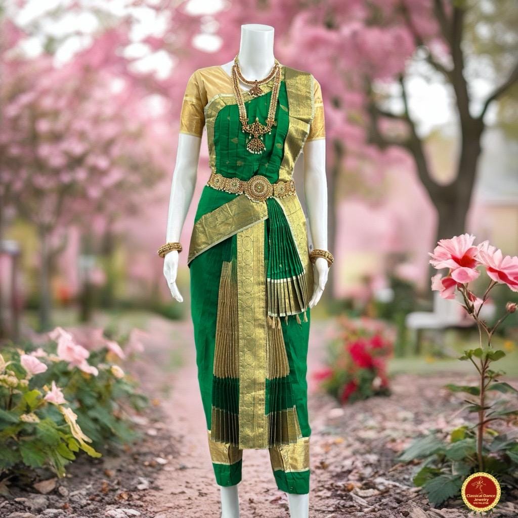 Classical Dance Jewelry GREEN Ivory GOLD 36 inches Pant Length KUCHIPUDI Gold Zari Indian Dance Costume | Art silk Dharmavaram kanchi | Classical Dance Jewelry