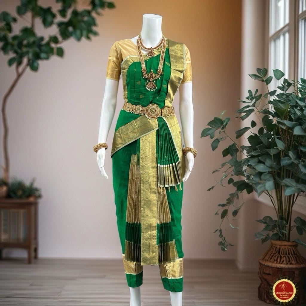 Classical Dance Jewelry GREEN IVORY GOLD 40 inchs Pant Length Kuchipudi Indian Gold Zari Dance Costume | Art silk Dharmavaram Kanchi | Classical Dance Jewelry