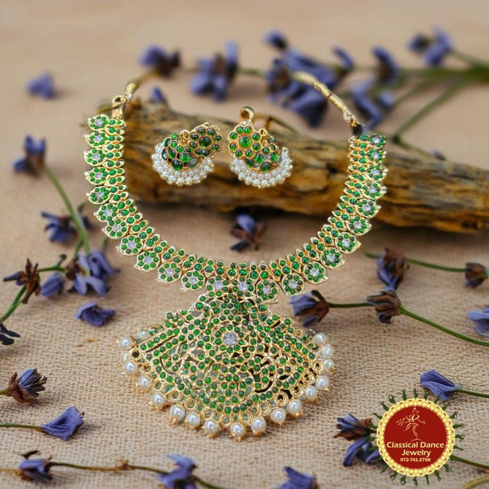 Classical Dance Jewelry GREEN Mango Design Temple Indian Jewelry | White Stone | Short Necklace | Bharatnatyam Kuchipudi Party Wedding | Classical Dance Jewelry