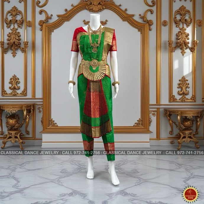 Classical Dance Jewelry GREEN RED 34 inch Pant Length Bharatanatyam Gold Zari Dance Costume | Art silk, Dharmavaram Kanchi | Classical Dance Jewelry