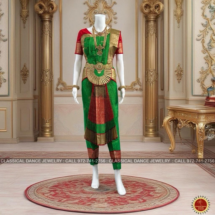 Classical Dance Jewelry GREEN RED 36 inchs Pant Length Bharatanatyam Gold Zari Dance Costume | Art silk Dharmavaram kanchi | Classical Dance Jewelry