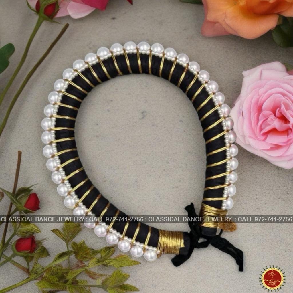 Classical Dance Jewelry Hair Ring with Golden ribbon and white pearls | Veni kondai | Bharatanatyam Kuchipudi Dance Events | Classical Dance Jewelry