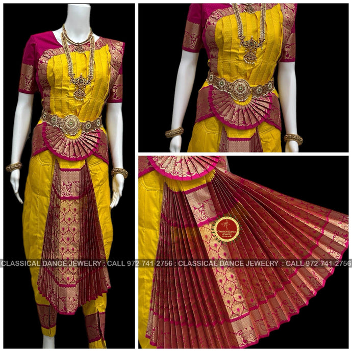 Classical Dance Jewelry HALDI YELLOW PINK 38 Inch Pant Length Bharatanatyam Dance Costume | Art Silk, Dharmavaram Kanchi | Classical Dance Jewelry