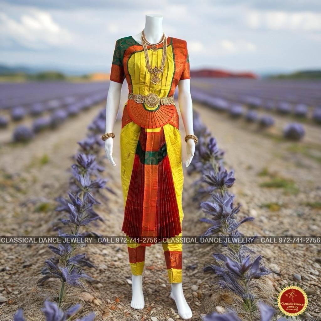 Classical Dance Jewelry HALDI YELLOW RED Green 38 Inch Pant Length Bharatanatyam Copper Zari Dance Costume | Art silk, Dharmavaram kanchi | Classical Dance Jewelry