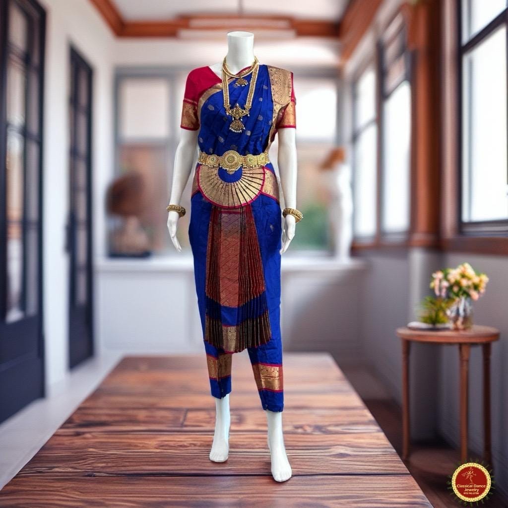 Classical Dance Jewelry INK ROYAL BLUE Pink 36 inches Pant Length Bharatanatyam Gold Zari Dance Costume | Art silk Dharmavaram kanchi | Classical Dance Jewelry