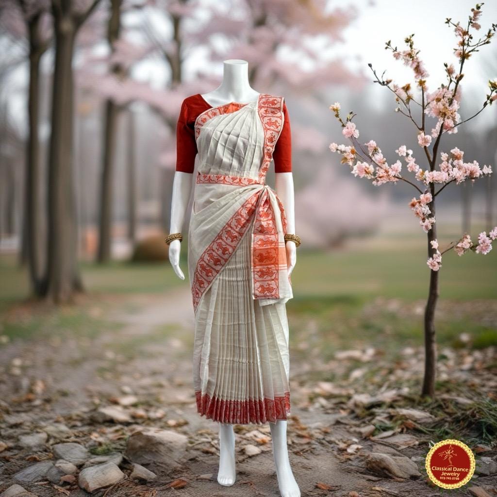 Classical Dance Jewelry IVORY HALF WHITE Pre-stitched Practice Sari Burnt Orange Blouse | Half Saree Kalakshethra Bharatnatyam Kuchipudi | Classical Dance Jewelry
