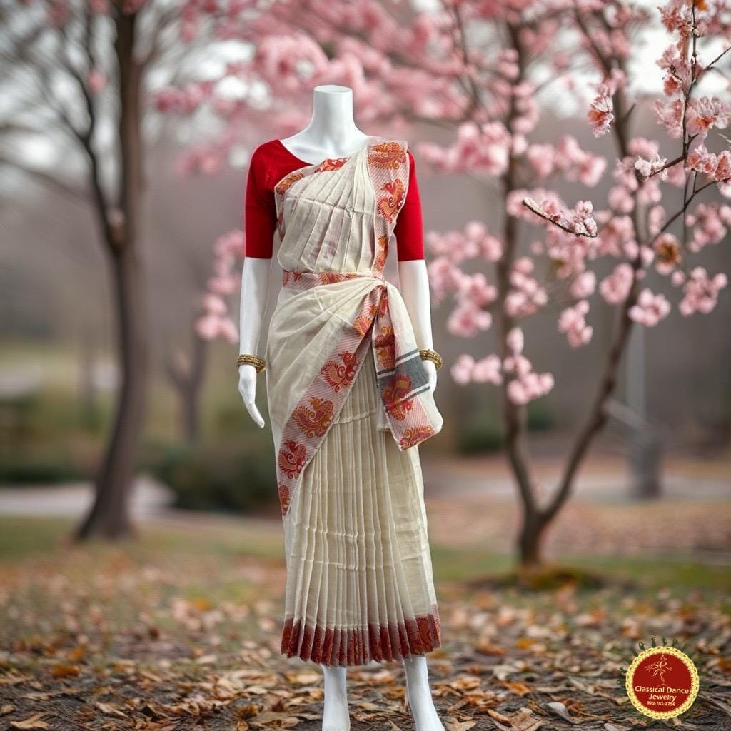 Classical Dance Jewelry IVORY HALF WHITE Pre-stitched Practice Sari RED Blouse | Half Saree Kalakshethra Bharatnatyam Kuchipudi | Classical Dance Jewelry
