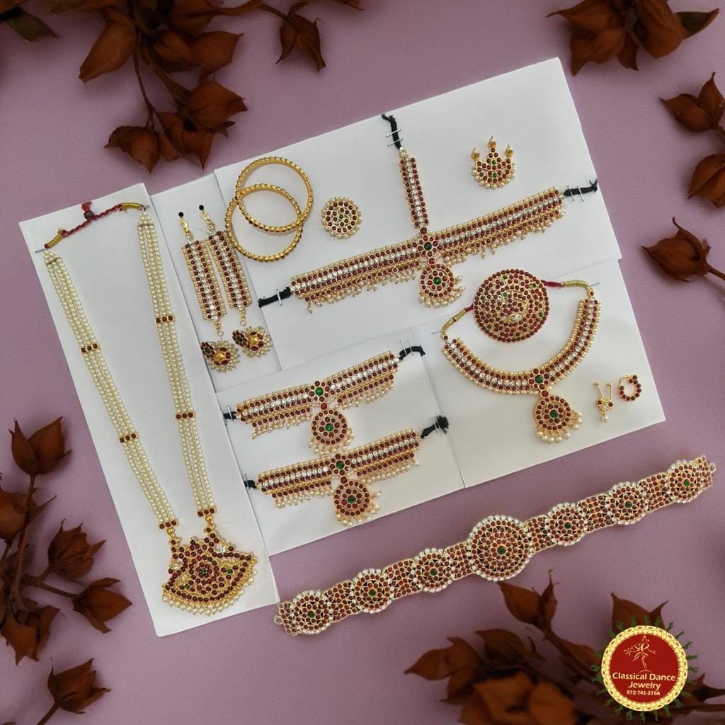 Classical Dance Jewelry Kids 7-10 yrs Middle White Stone temple Indian jewelry | Traditional Kemp 10 PCS SET | Bharatnatyam Kuchipudi | Classical Dance Jewelry