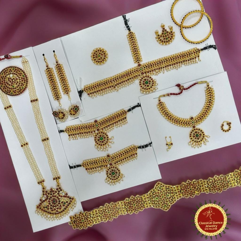 Classical Dance Jewelry Kids 7-10 yrs PEARLS U Design temple Indian jewelry | traditional Kemp 10 pcs set | Bharatnatyam Kuchipudi Wedding | Classical Dance Jewelry