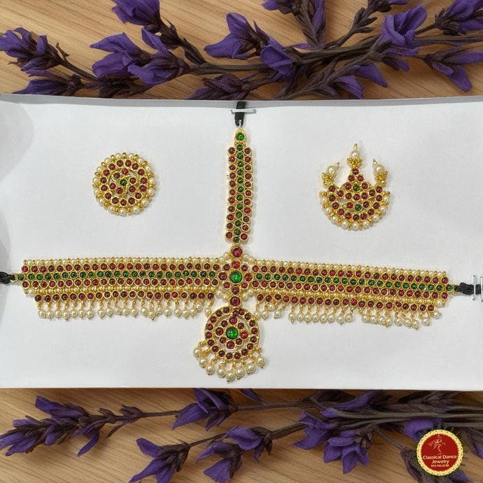 Classical Dance Jewelry KIDS Size Red GREEN STONE Temple Indian Jewelry Headset | Bharatnatyam, Kuchipudi, Weddings, Birthdays | Classical Dance Jewelry