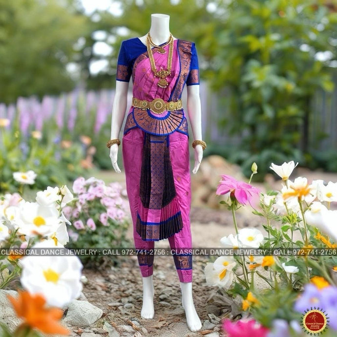 Classical Dance Jewelry LAVENDER LILAC BLUE 34 inch Pant Length Bharatanatyam Copper Gold Zari Dance Costume | Art silk Dharmavaram kanchi | Classical Dance Jewelry