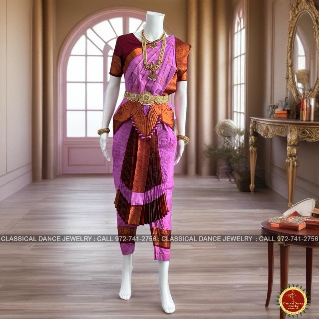Classical Dance Jewelry LAVENDER LILAC MAROON 34 inch Pant Length Bharatanatyam Copper Zari Dance Costume | Art silk Dharmavaram kanchi | Classical Dance Jewelry