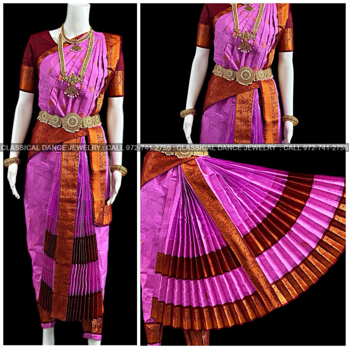 Classical Dance Jewelry LAVENDER PINK BROWN 38 Inch Pant length Kuchipudi Copper Zari Indian Dance Costume | Art Silk Dharmavaram Kanchi | Classical Dance Jewelry