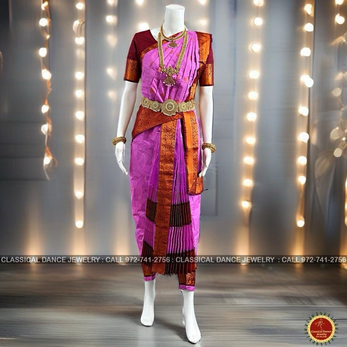 Classical Dance Jewelry LAVENDER PINK BROWN 40 inchs Pant Length Kuchipudi Indian Copper Zari Dance Costume | Art silk Dharmavaram Kanchi | Classical Dance Jewelry