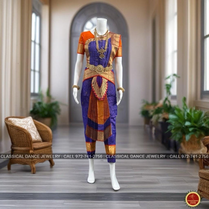 Classical Dance Jewelry LAVENDER PURPLE ORANGE 36 inchs Pant Length Bharatanatyam Gold Zari Dance Costume | Art silk Dharmavaram kanchi | Classical Dance Jewelry