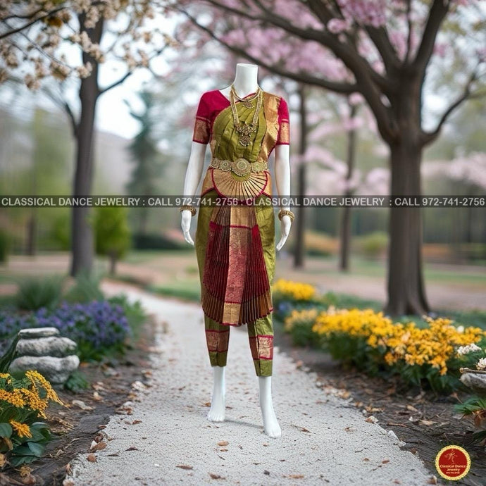 Classical Dance Jewelry Leaf MOSS GREEN PINK 36 inches Pant Length Bharatanatyam Gold Zari Dance Costume | Art silk Dharmavaram kanchi | Classical Dance Jewelry