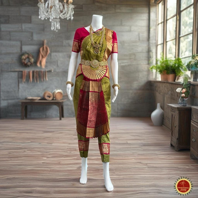 Classical Dance Jewelry LEAF MOSS GREEN Pink 38 Inch Pant Length Bharatanatyam Dance Costume | Gold Zari | Art Silk, Dharmavaram Kanchi | Classical Dance Jewelry