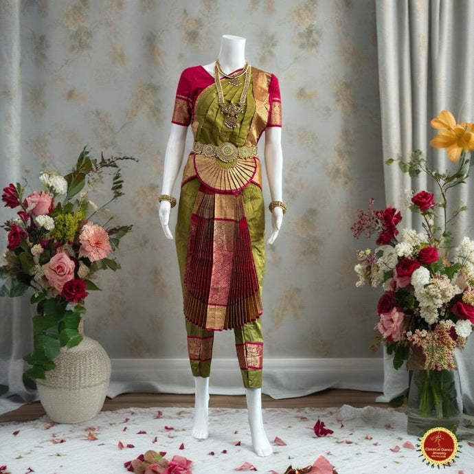 Classical Dance Jewelry LEAF Moss GREEN PINK 40 Inch Pant Length Bharatanatyam Dance Costume | Art silk, Dharmavaram kanchi | Classical Dance Jewelry