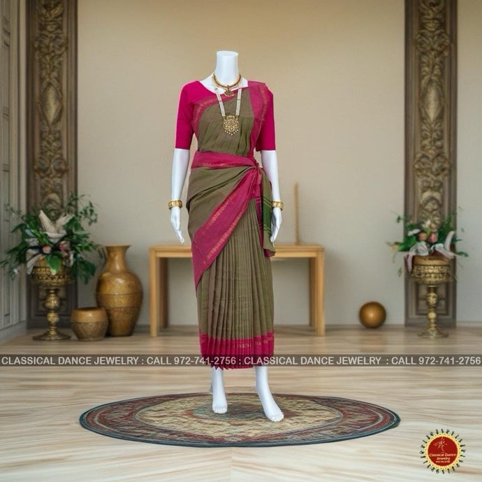 Classical Dance Jewelry LIGHT GREEN Pre-stitched Practice Sari PINK Blouse | Half Saree Kalakshethra Sari | Bharatnatyam Kuchipudi | Classical Dance Jewelry