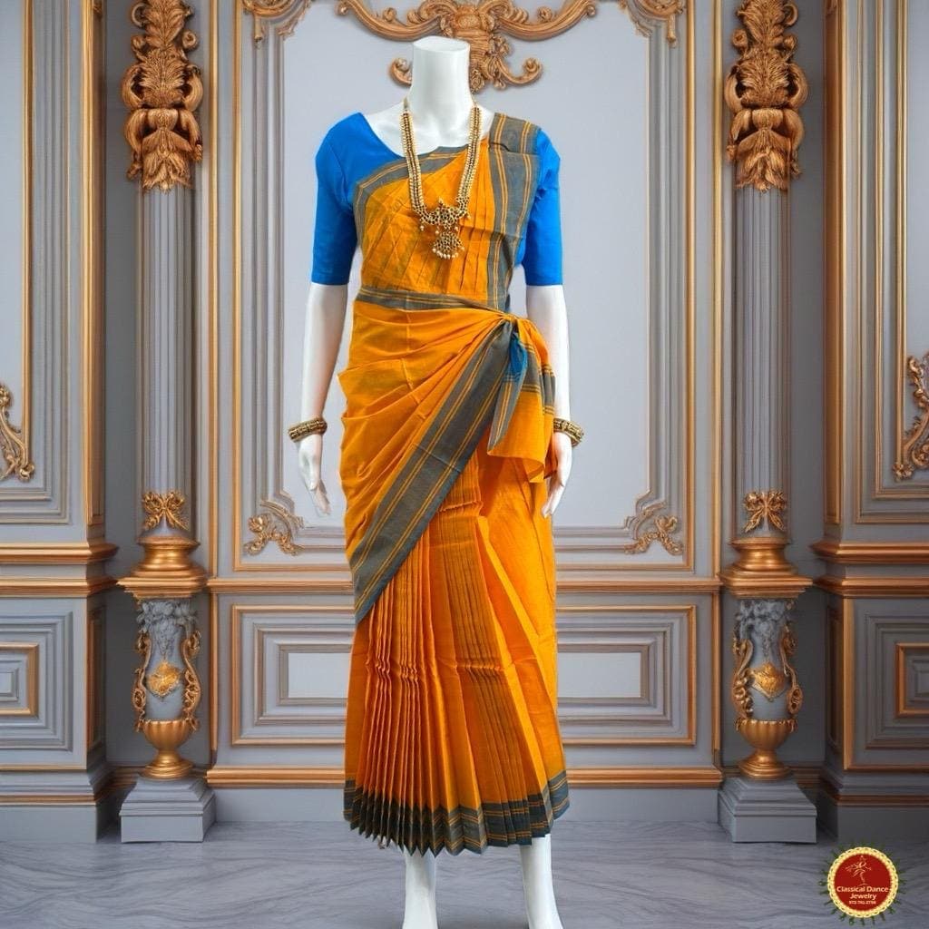 Classical Dance Jewelry MANGO ORANGE Pre-stitched Practice Sari BLUE Blouse | Half Saree Kalakshethra Sari | Bharatnatyam Kuchipudi Folk | Classical Dance Jewelry