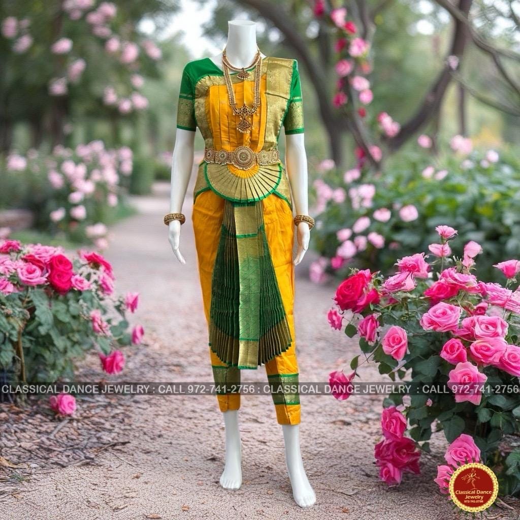 Classical Dance Jewelry MANGO YELLOW GREEN 38 Inch Pant Length Bharatanatyam Dance Costume | Gold Zari | Art Silk Dharmavaram Kanchi | Classical Dance Jewelry