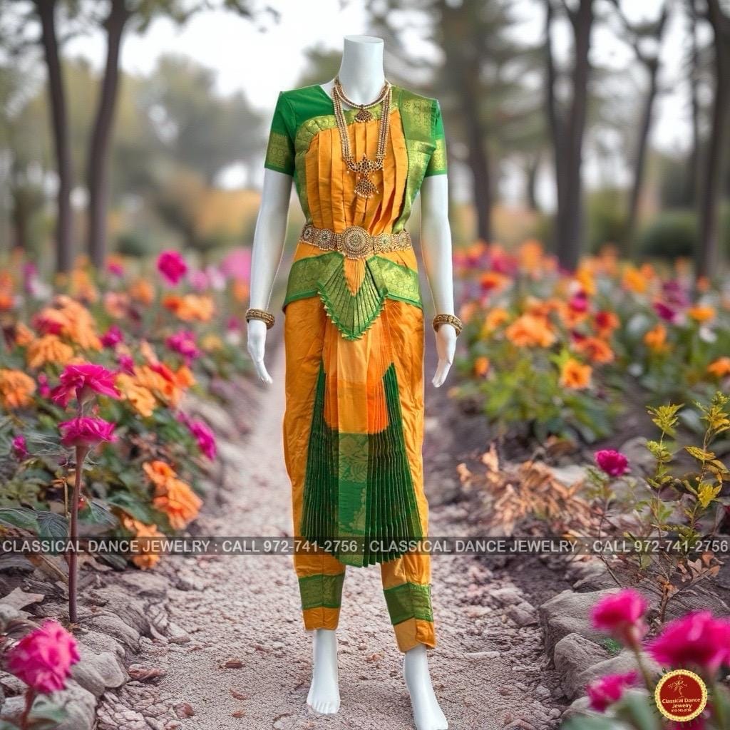 Classical Dance Jewelry MANGO YELLOW GREEN 38 Inch Pant Length Bharatanatyam Dance Costume | Gold Zari | Art Silk Dharmavaram Kanchi | Classical Dance Jewelry