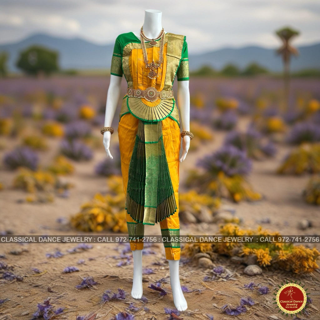 Classical Dance Jewelry MANGO YELLOW GREEN 40 Inch Pant Length Bharatanatyam Dance Costume | Gold Zari | Art silk Dharmavaram Kanchi | Classical Dance Jewelry
