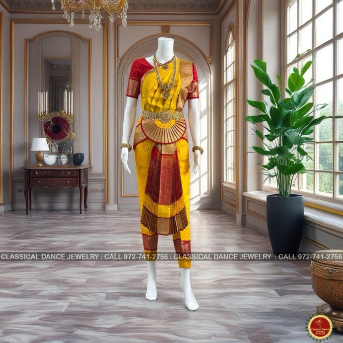 Classical Dance Jewelry MANGO YELLOW RED 34 inch Pant Length Bharatanatyam Gold Zari Dance Costume | Art silk, Dharmavaram Kanchi | Classical Dance Jewelry