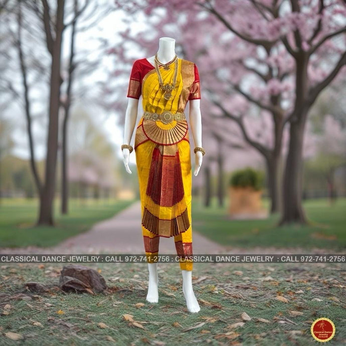 Classical Dance Jewelry MANGO YELLOW RED 36 inchs Pant Length Bharatanatyam Gold Zari Dance Costume | Art silk Dharmavaram kanchi | Classical Dance Jewelry