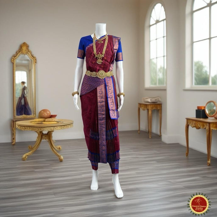 Classical Dance Jewelry MAROON BLUE 38 Inch Pant length Kuchipudi Copper Zari Indian Dance Costume | Art Silk Dharmavaram Kanchi | Classical Dance Jewelry