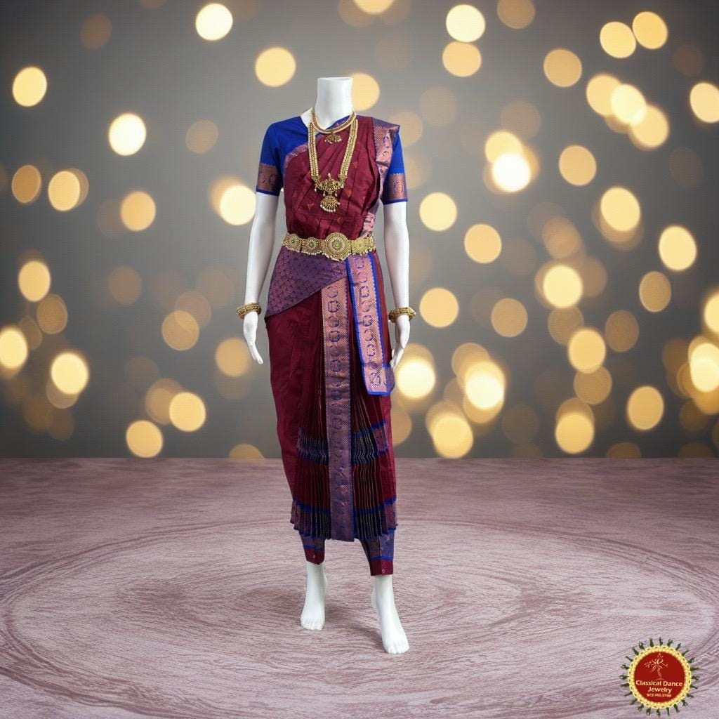 Classical Dance Jewelry MAROON BLUE 40 inchs Pant Length Kuchipudi Indian Copper Zari Dance Costume | Art silk Dharmavaram Kanchi | Classical Dance Jewelry