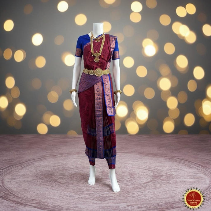 Classical Dance Jewelry MAROON BLUE 40 inchs Pant Length Kuchipudi Indian Copper Zari Dance Costume | Art silk Dharmavaram Kanchi | Classical Dance Jewelry
