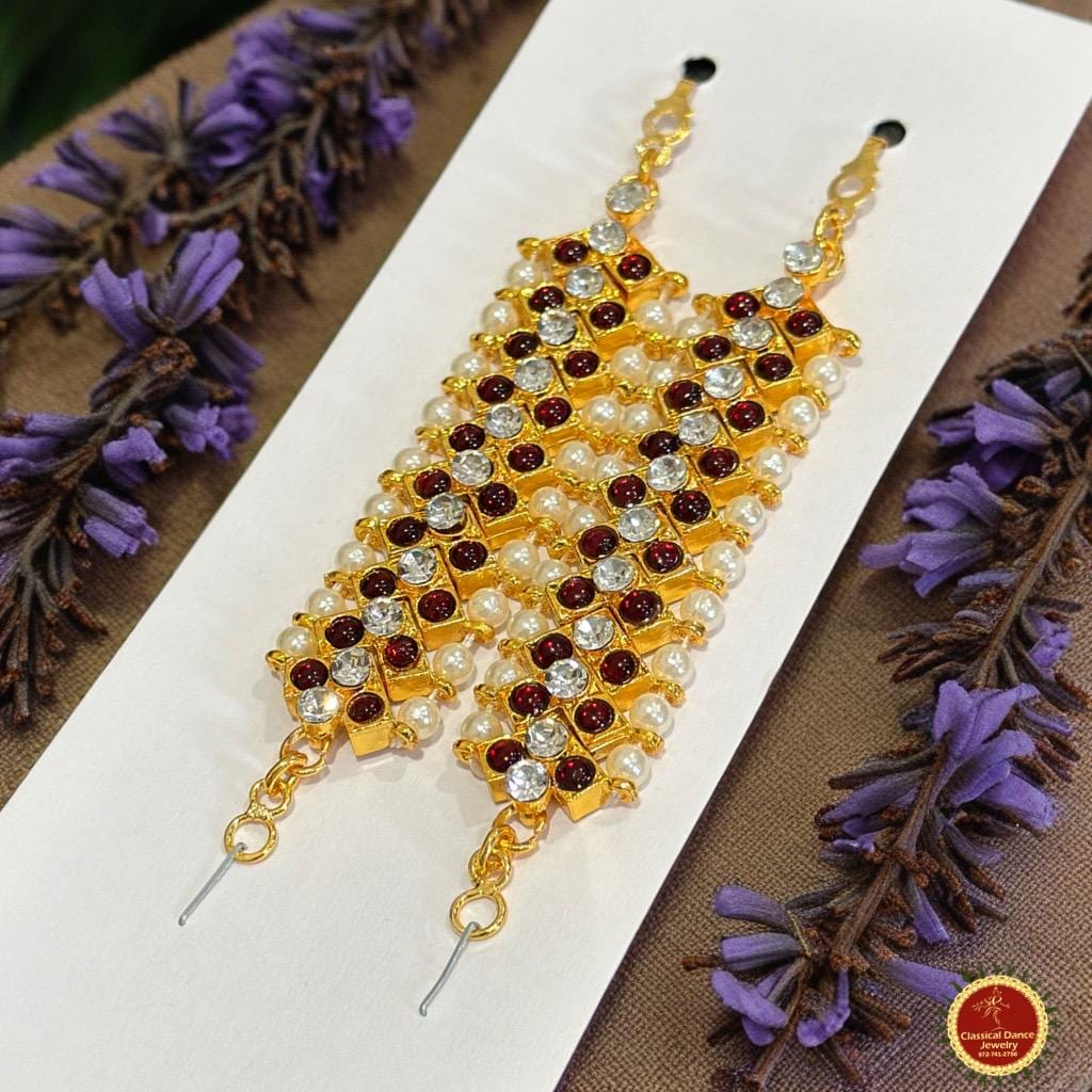 Classical Dance Jewelry Middle WHITE STONE Kemp Temple Indian Jewelry Mattilu | Ear Chains | Bharatnatyam Kuchipudi Engagement Weddings | Classical Dance Jewelry
