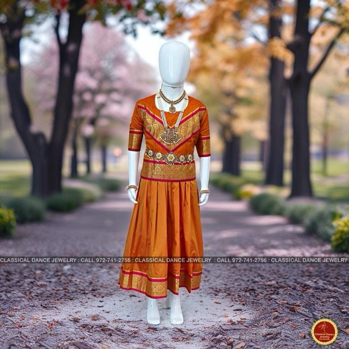 Classical Dance Jewelry MUSTARD ORANGE PINK Kid 10-11 yr Dance Pavadai Blouse | Kuchipudi Bharatanatyam | Art Silk Dharmavaram Kanchi | Classical Dance Jewelry