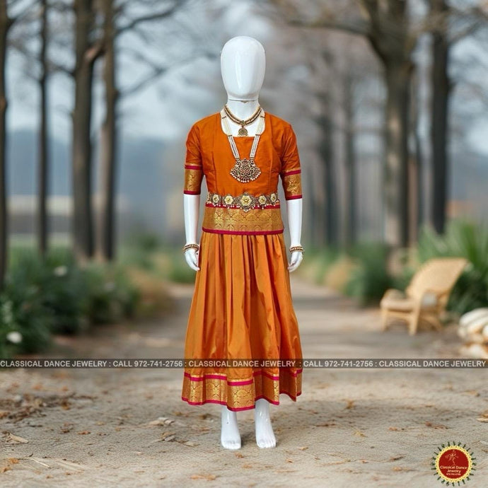 Classical Dance Jewelry MUSTARD ORANGE PINK Kid 10-11 yr Dance Pavadai Blouse | Kuchipudi Bharatanatyam | Art Silk Dharmavaram Kanchi | Classical Dance Jewelry